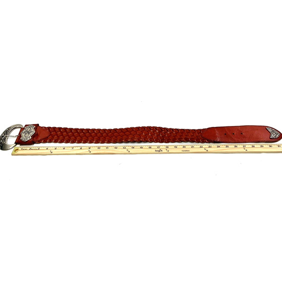 Red Leather Belt Womens Braided Belt Ornate‎ Silvertone Buckle Fits 25-27" Waist - Picture 6 of 8
